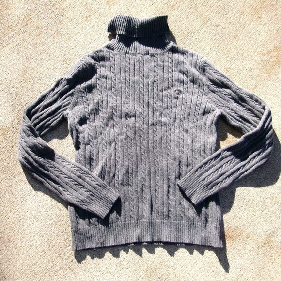 IZOD Turtleneck Ladies Womens Gray Cable Knit Fisherman Sweater Size Medium VGUC - Picture 1 of 14